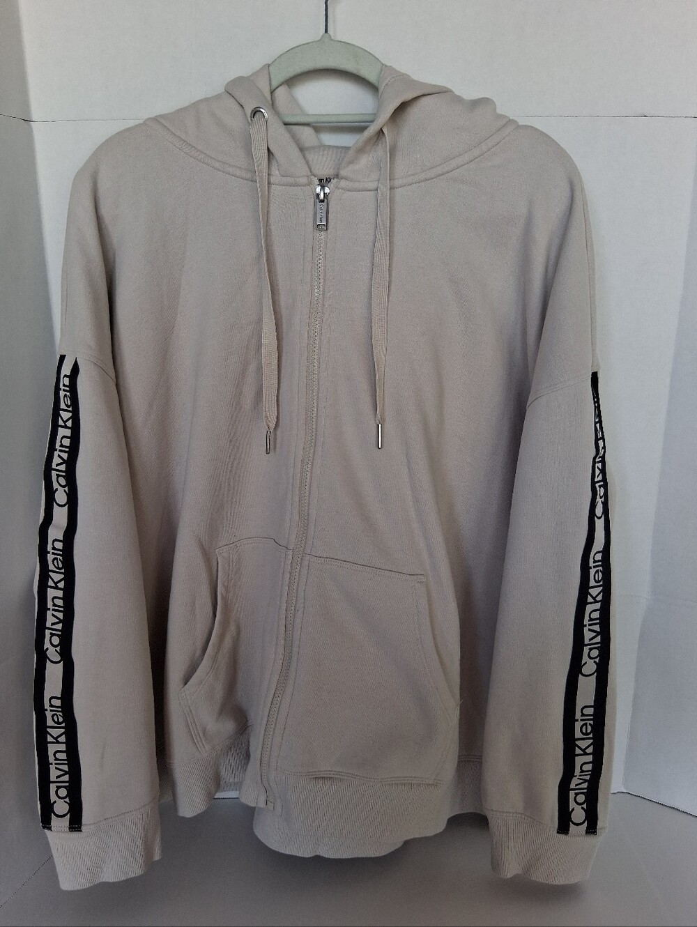 Calvin Klein Wonens Light Beige Zip-Up Hooded Sweatshirt with Logo Tape